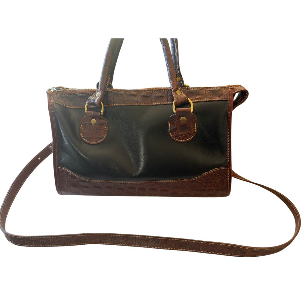 Vintage Brahmin Tuscan Leather Satchel Crossbody Bag-Black and Brown Made in USA